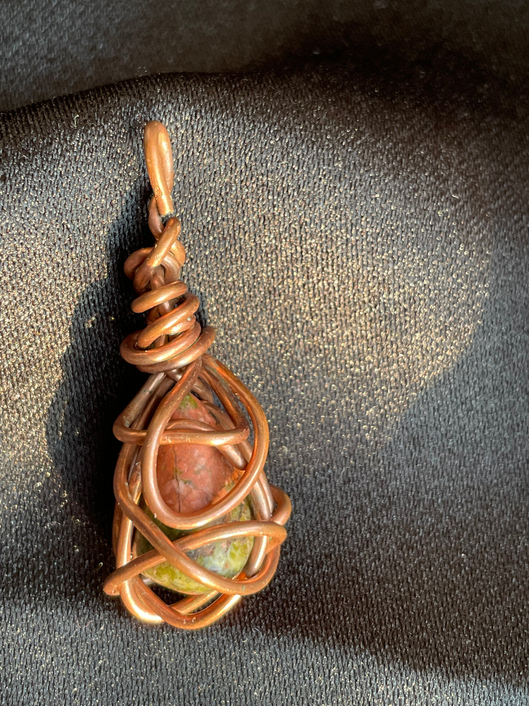 Small Unakite Pendent Wrapped in Bare Copper